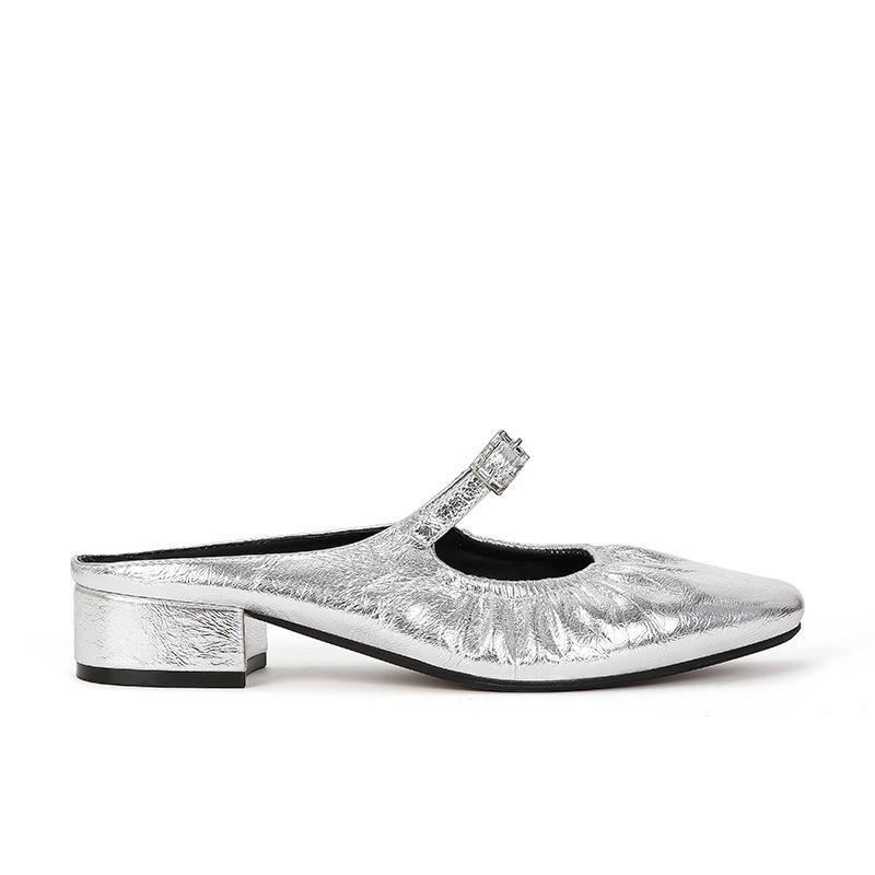 [] Please See the Details~ Square Head Lamb Pattern Pleated Bag Head Thick Heel Slippers Women's Half Drag Outer Wear