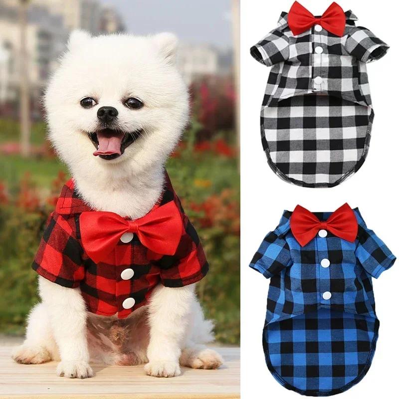 Classical Dog T-Shirts Bowtie Plaid Thin Summer Breathable Dog Clothes for Small Large Dogs Chihuahua Puppy Pet Cat Vest