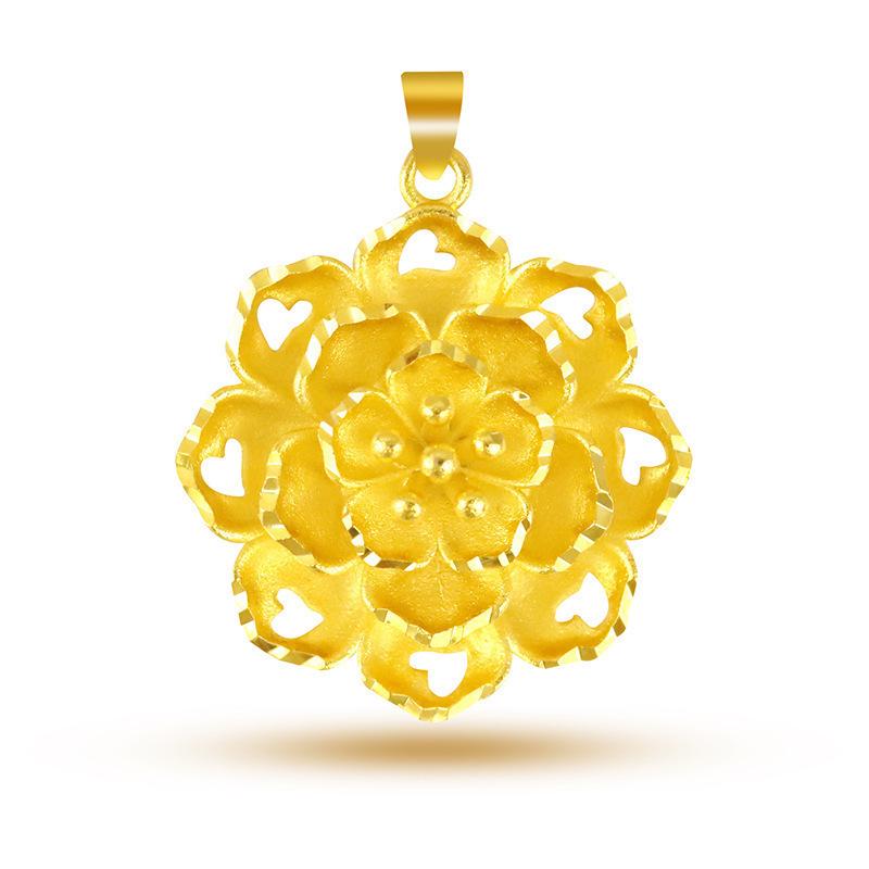 Vietnamese Sand Gold Large Flower Pendant Necklace with Water Wave Chain