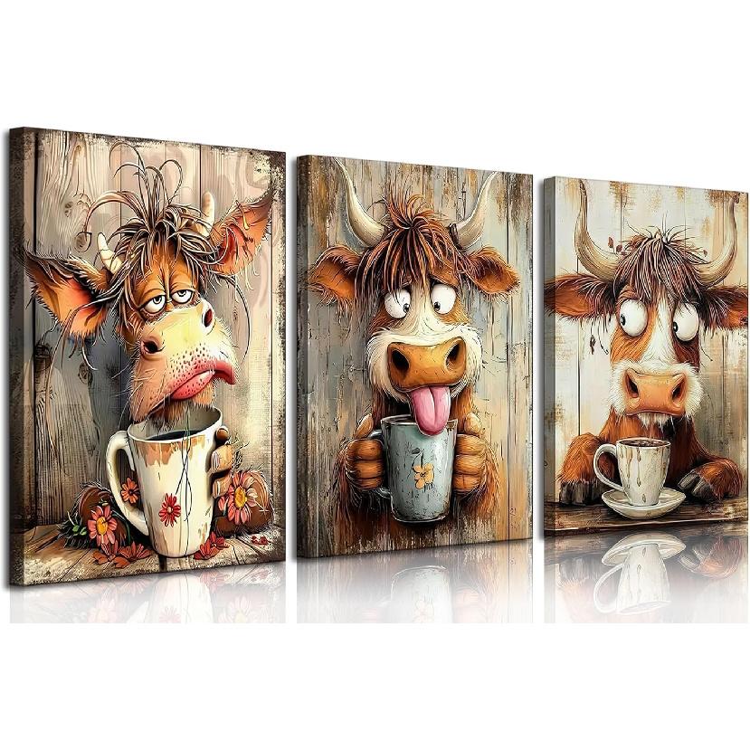 3pcs Funny Cow Canvas Wall Art Humor Dreaming Cow Drinking Coffee Posters Prints Paintings Playful Country Farmhouse Animals Wall Decor Pictures for