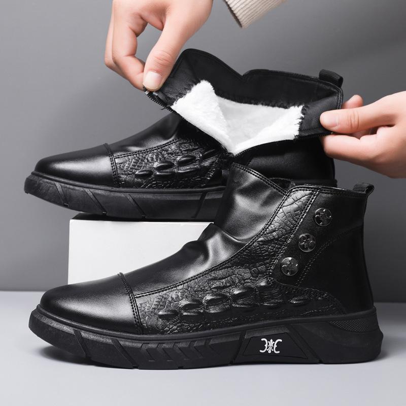 Winter cotton shoes men's velvet thickened Martin boots casual warm soft sole leather surface high top board shoes men's leather boots