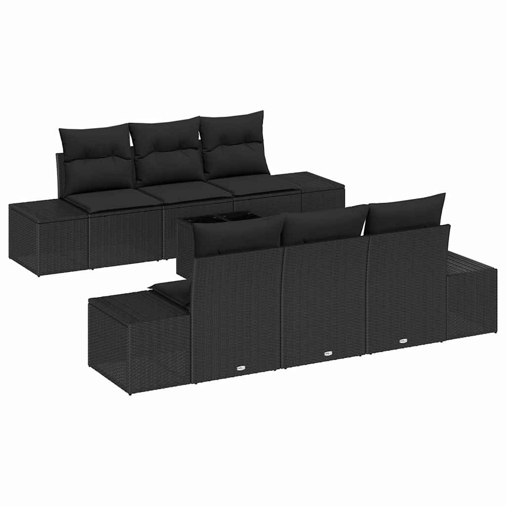 7 Piece Sofa Set with Cushions Black Poly Rattan