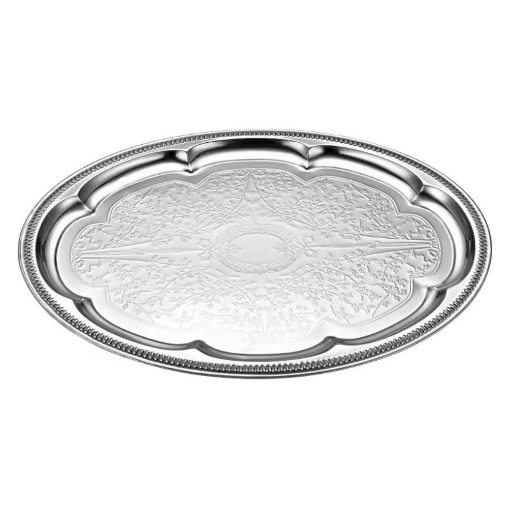 

Retro Embossed Cake Tray Oval Large Size Dessert Plate Stainless Steel Photo Props Jewelry Storage Plate Home Decoration