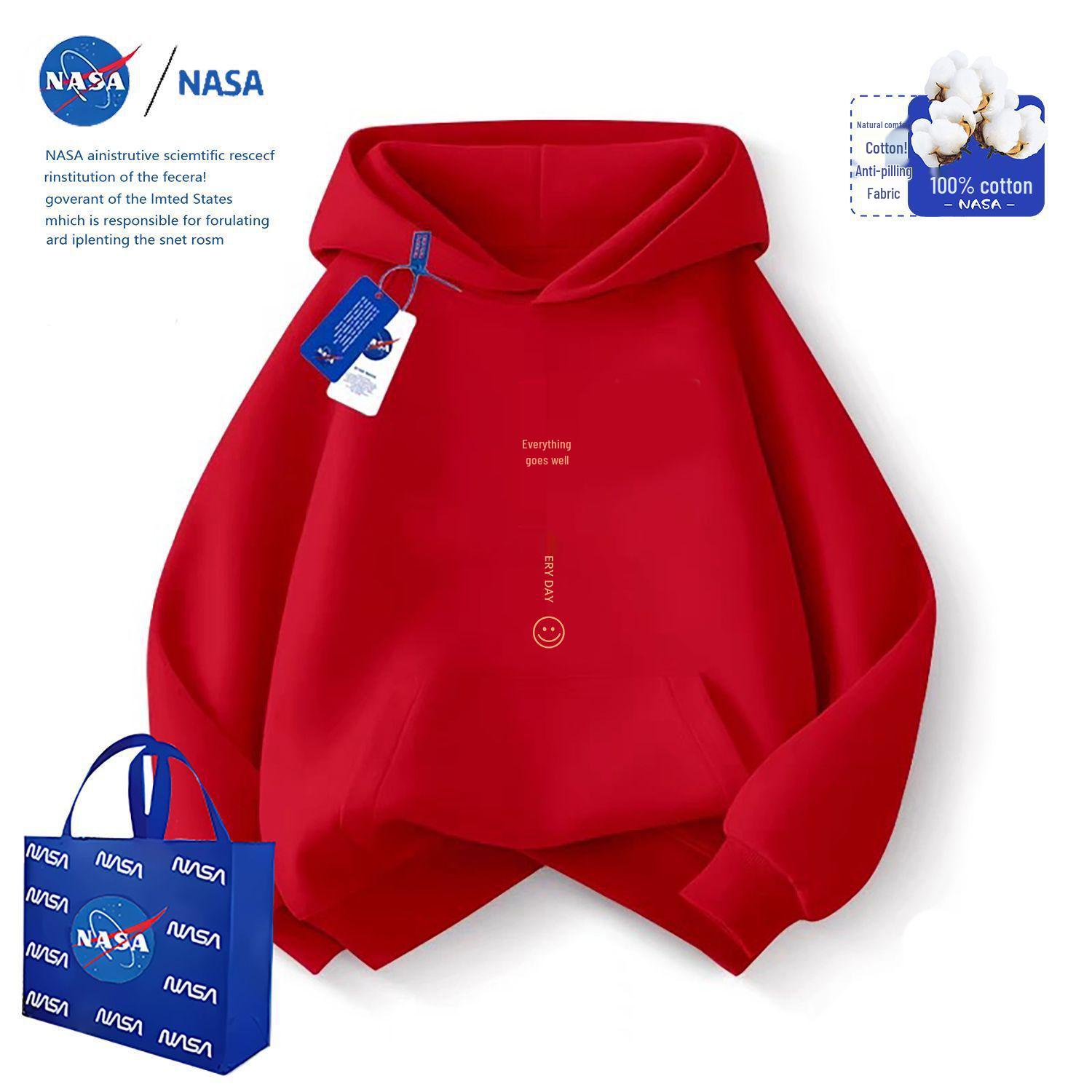 NASA Parent-Child Red Hooded Sweatshirt - Silver Fox Velvet, Year of the Horse 2026 New Year Outfit 140 cm