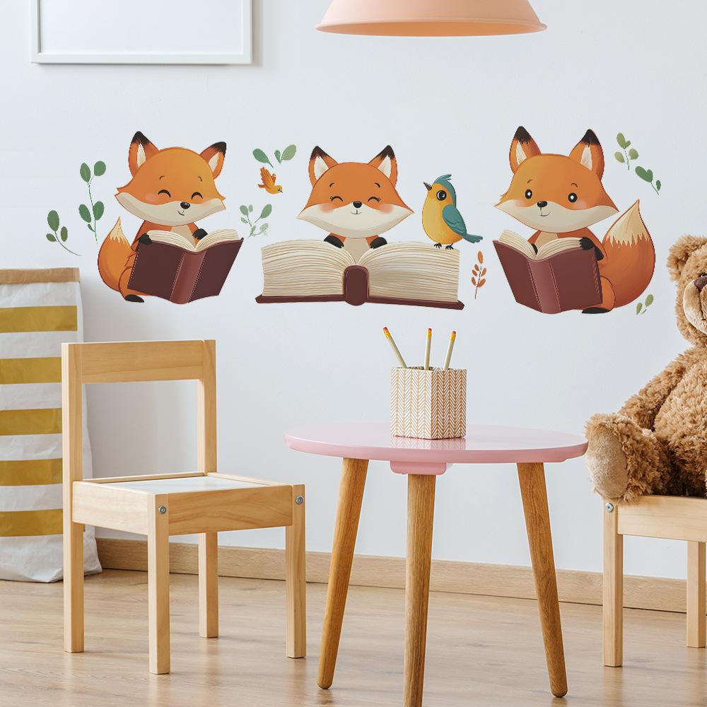 Cartoon Cute Fox Reading A Book Bedroom Study Background Beautification Decoration Wall Stickers