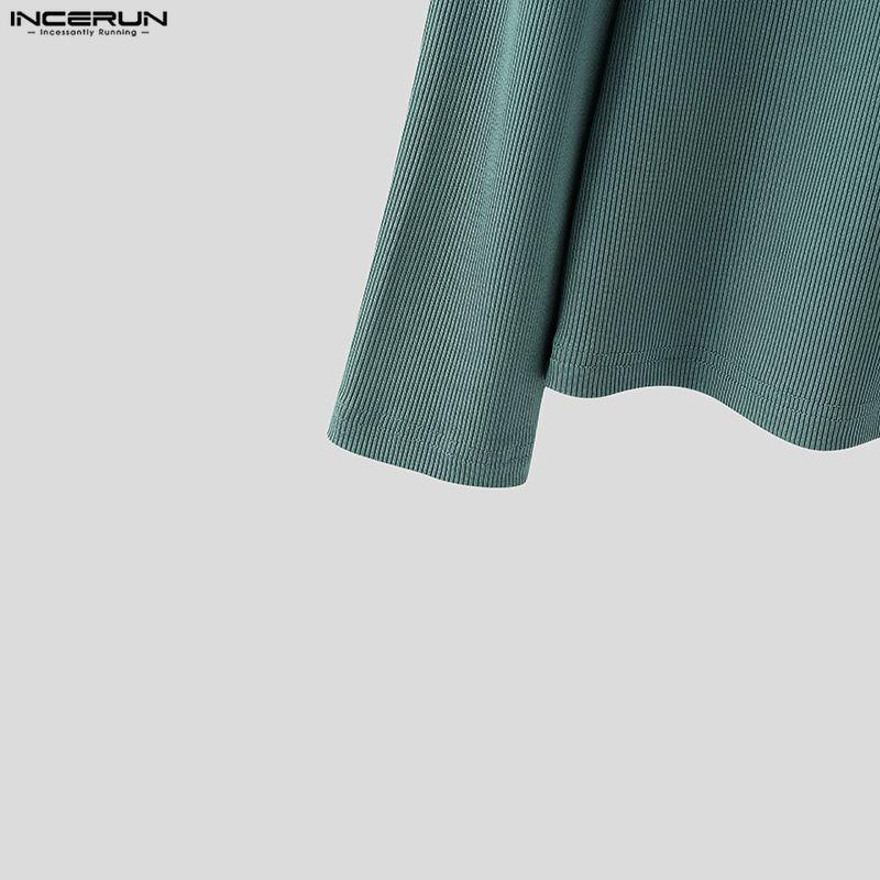INCERUN Men Lapel Neck Long Sleeve Plain Texture Casual Tops T-Shirts 
