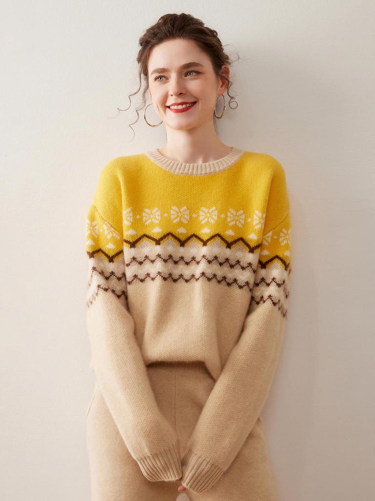 Women's Simple Fair Isle Snowflake Cashmere Sweater - Autumn/Winter Knitwear Pullover