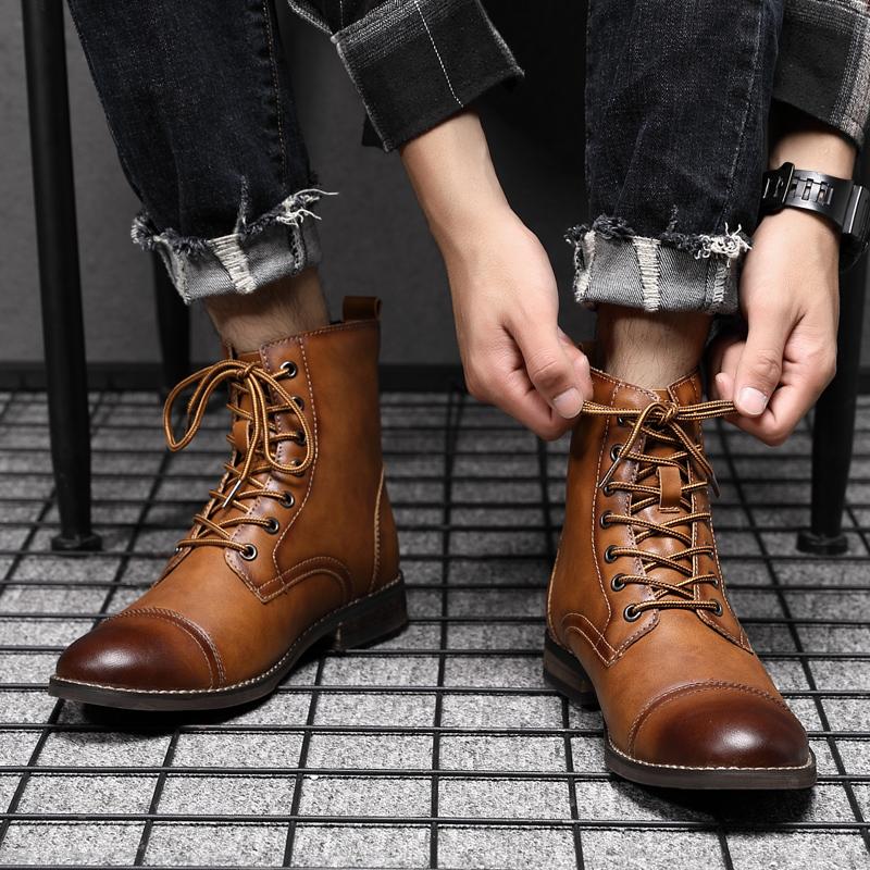 Jumpmore Fashion Trend Leather Men Boots Autumn Winter Retro Ankle Boots Lace Up Casual Shoes For Men Wear Resistant Size38 -48