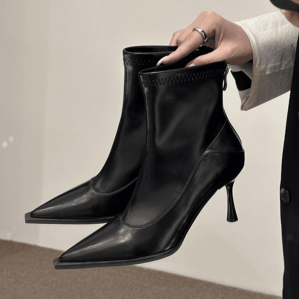Pointed thin heel soft leather thin boots rear zipper high heel European and American popular short boots