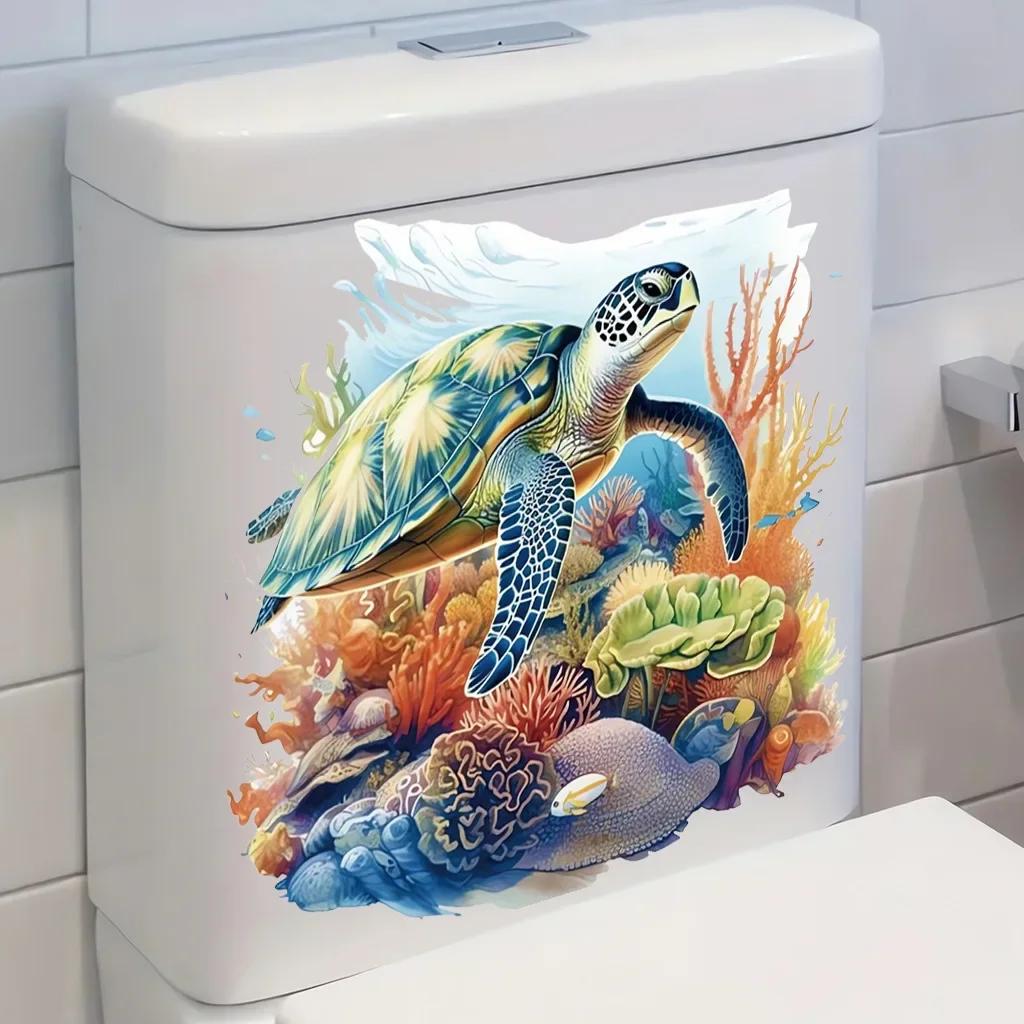 Sea Turtle Coral Jellyfish Toilet Lid Decal Sticker Bathroom Beautification Self-Adhesive Decoration Waterproof Sticker
