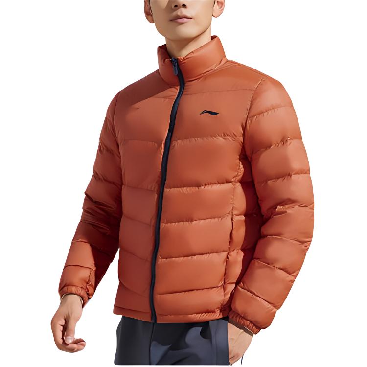 Li Ning Logo Print Stand Collar Down Jacket Men Outerwear Brown AYMR145-5