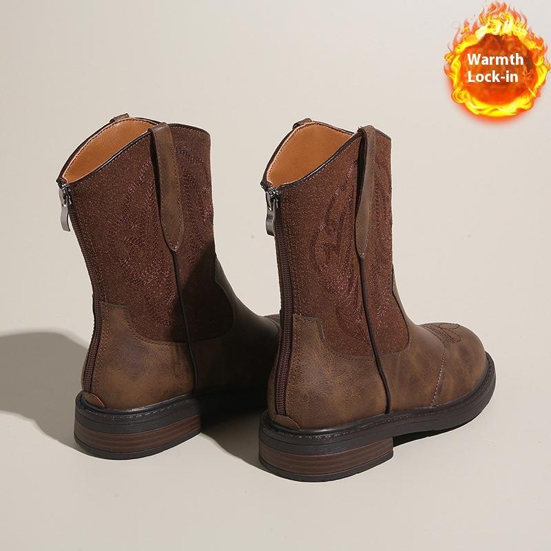 Retro Embroidered Western Cowboy Boots for Women Autumn and Winter Round Toe Low-heeled Boots with Zipper
