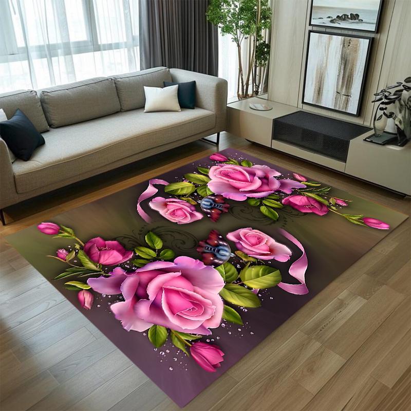 Realistic Red Rose Carpet Mat Rug Home Decoration Living Room Bedroom Floor Decor Romantic Floral Non Slip Rugs