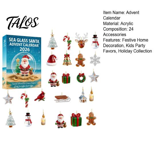Christmas Tree Hanging Decorations Sea Glass Advent Calendar, 24-Day Acrylic 2D Ornament Set Reusable Holiday Ornaments with Santa Gingerbread