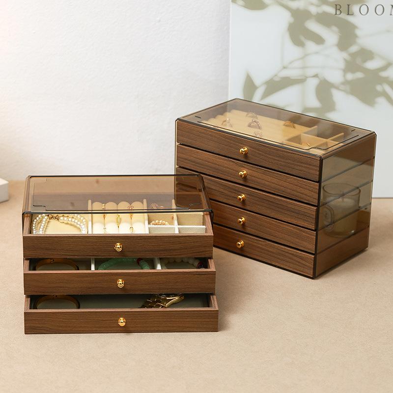 High-end walnut pattern jewelry box, large-capacity five-layer storage box, light luxury divided drawer jewelry box
