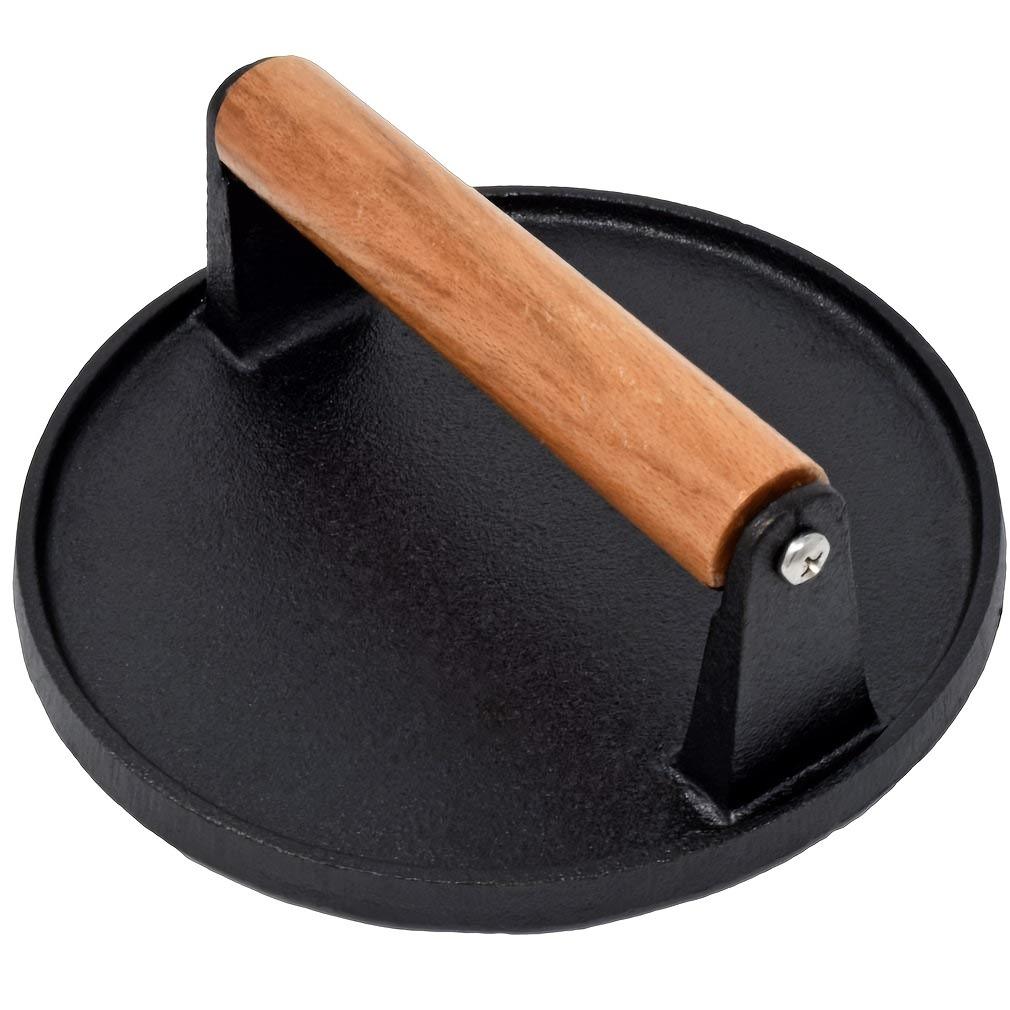 Wooden Handle Cast Iron Meat Press for Steaks and Hamburgers