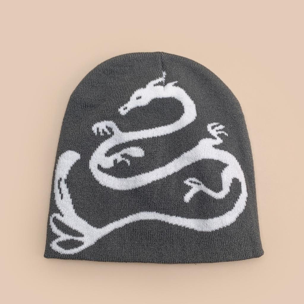 Autumn and winter retro contrasting color dragon jacquard knitted hat men and women warm personality street outdoor hip hop pullover hat