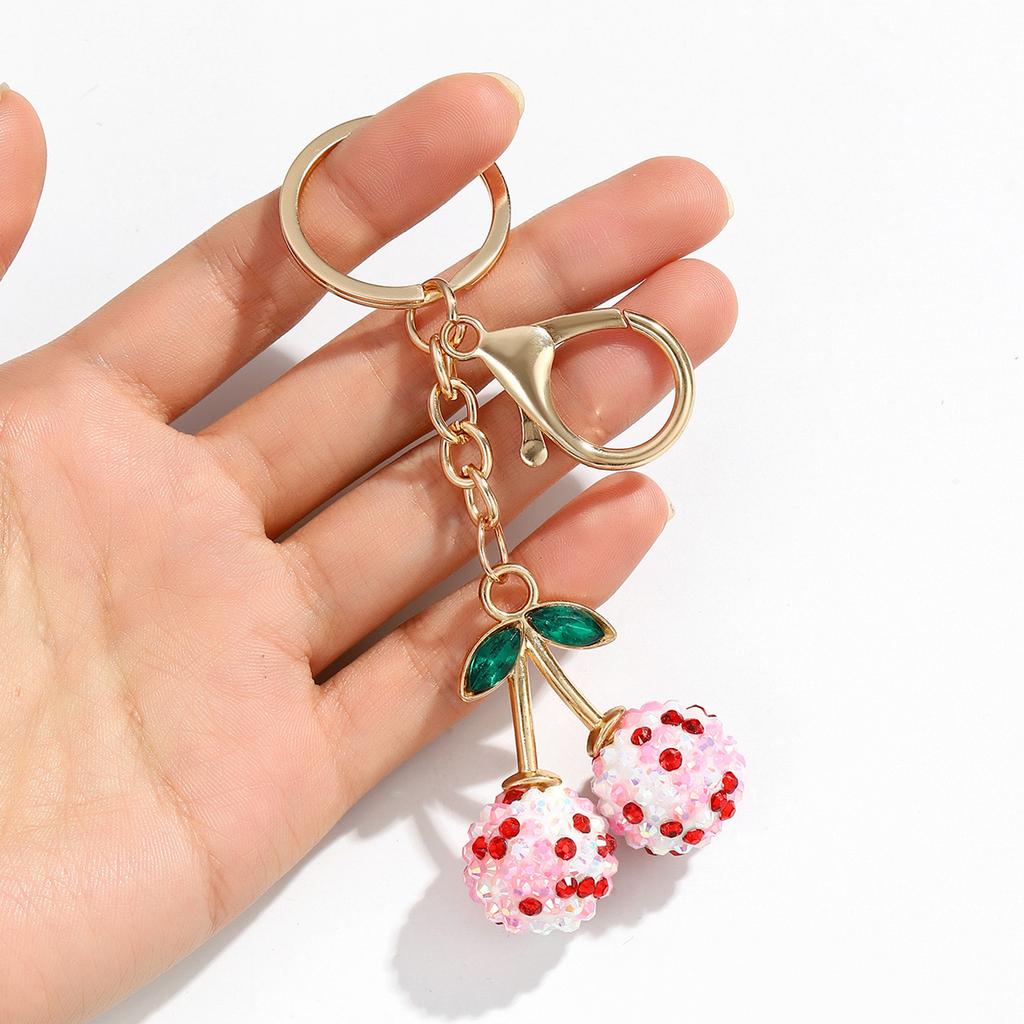 Elegant Rhinestones Cherry Bag Pendant Crystal Studded Fruit Shaped Key Ring Fashionable Handbag Charm Accessories