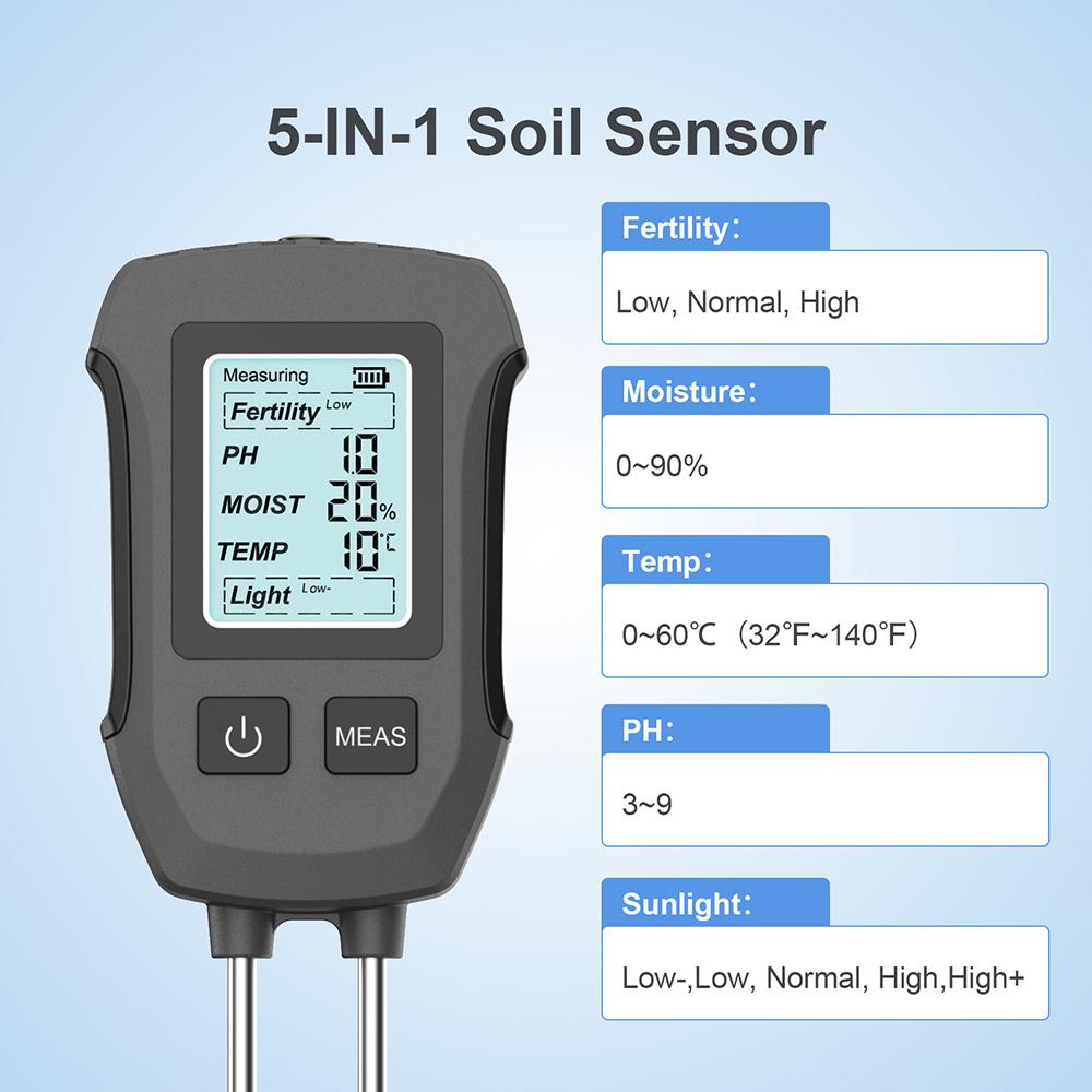 Dual-needle Soil Tester 3/5 In 1 Soil PH Meter Multifunctional Fertility/Moisture/PH/Temp/Sunlight Detector with Backlight