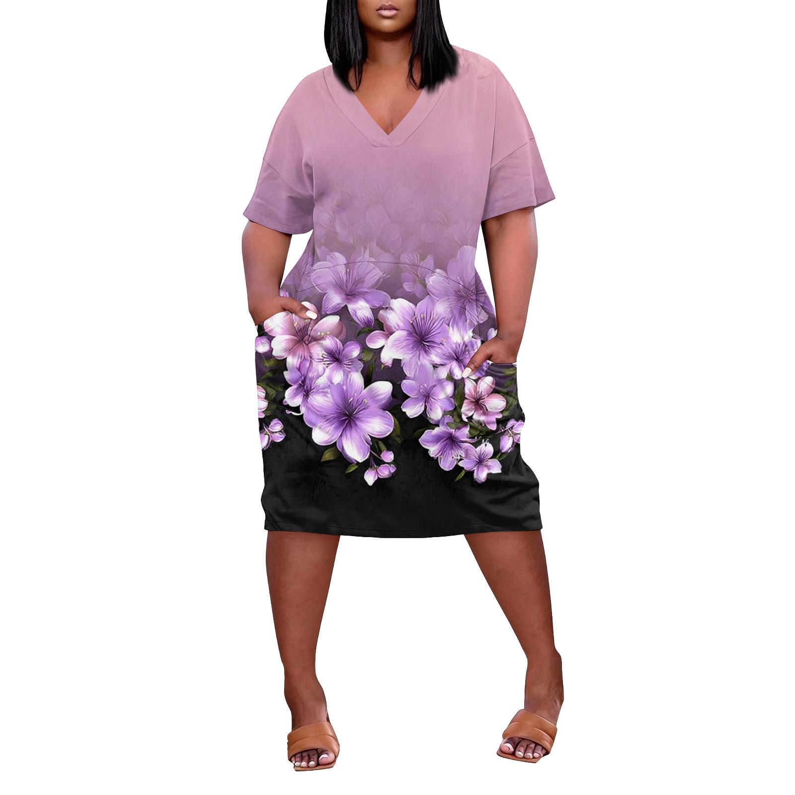 

Summer Dresses for Women Uk Ladies Summer Dresses Uk V Neck Loose Fit Short Sleeve Dress with Floral Print Pockets Casual Style XL фіолетовий