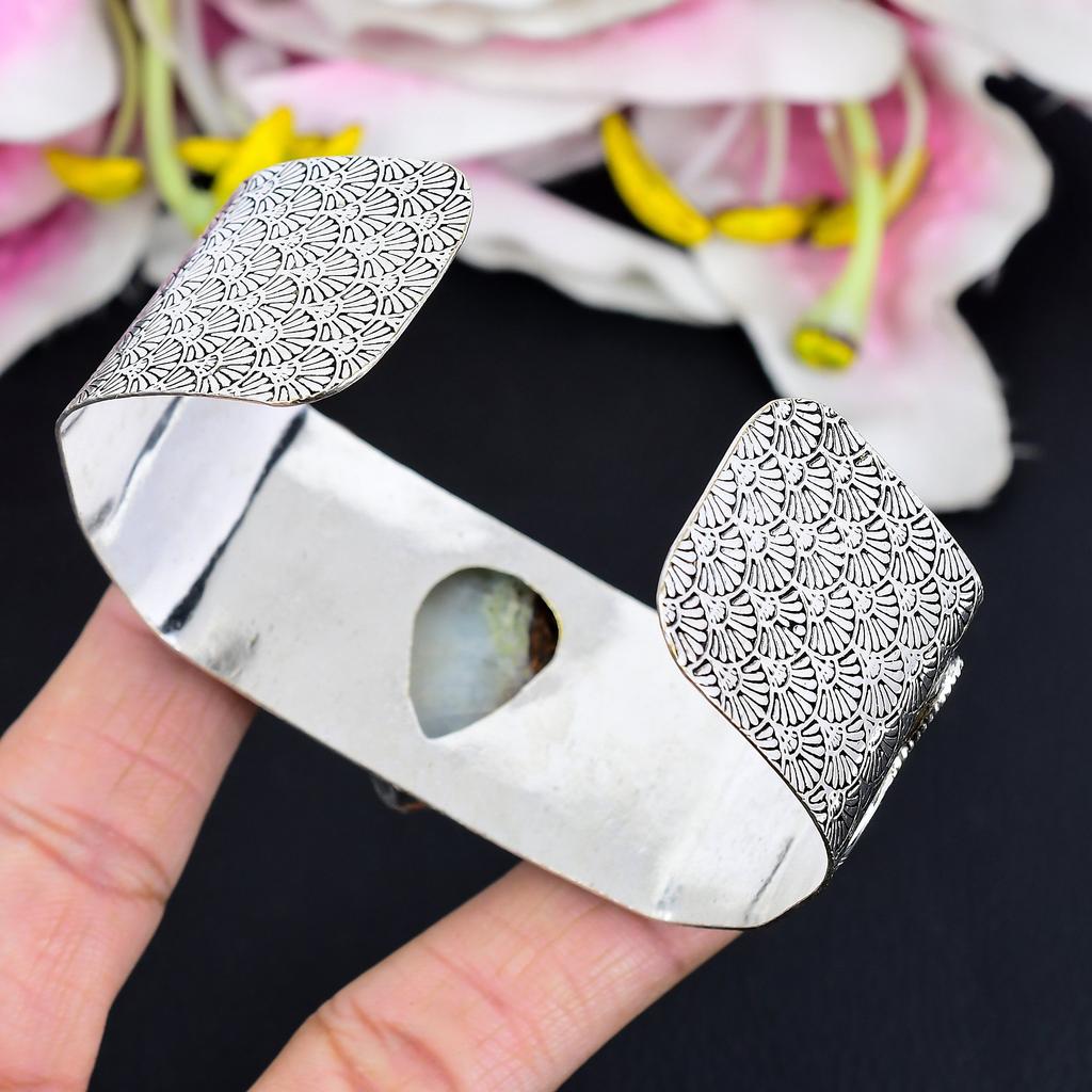 Chrysoprase Gemstone Handmade 925 Sterling Silver Cuff Bangle Adjustable KG-1871