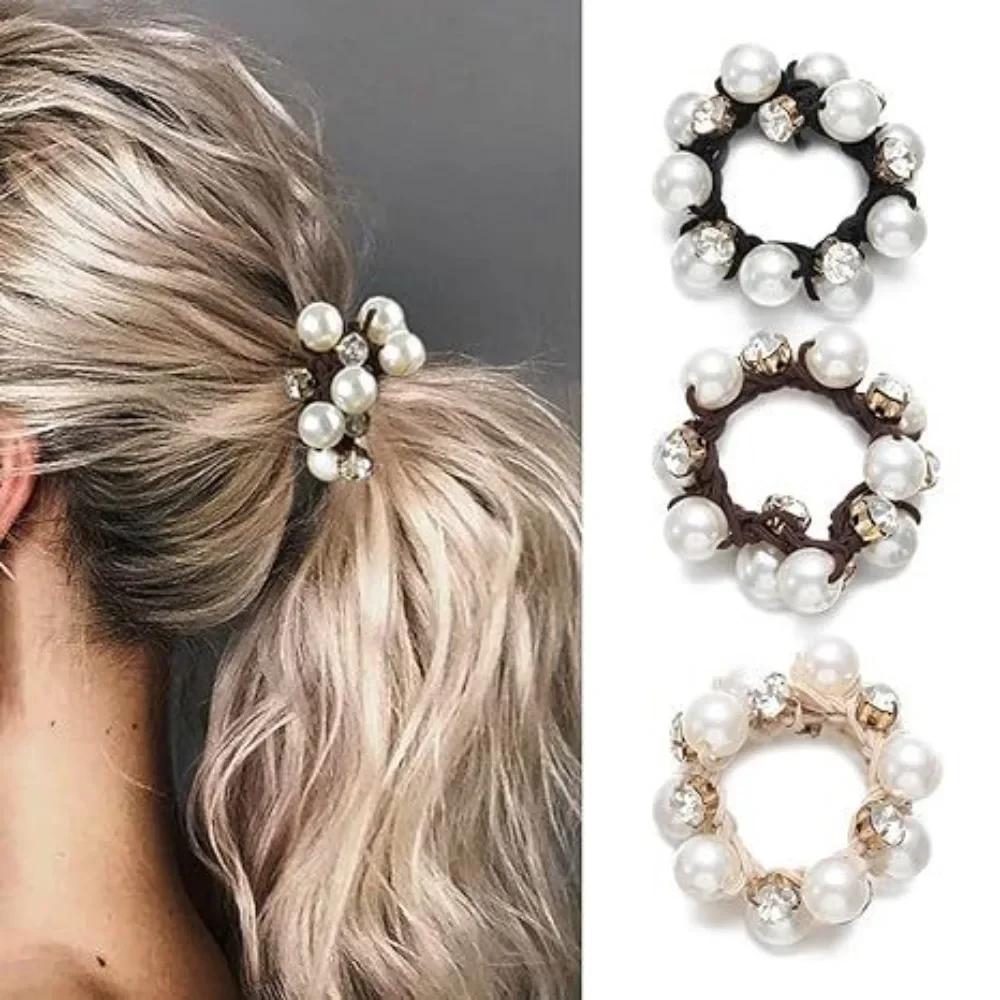 Fashion Paux Pearl Brimmed Hair Tie Glitter Rhinestone Decor Hair Rope Retro Style Scrunchies  Elastic Beaded For Women Girl