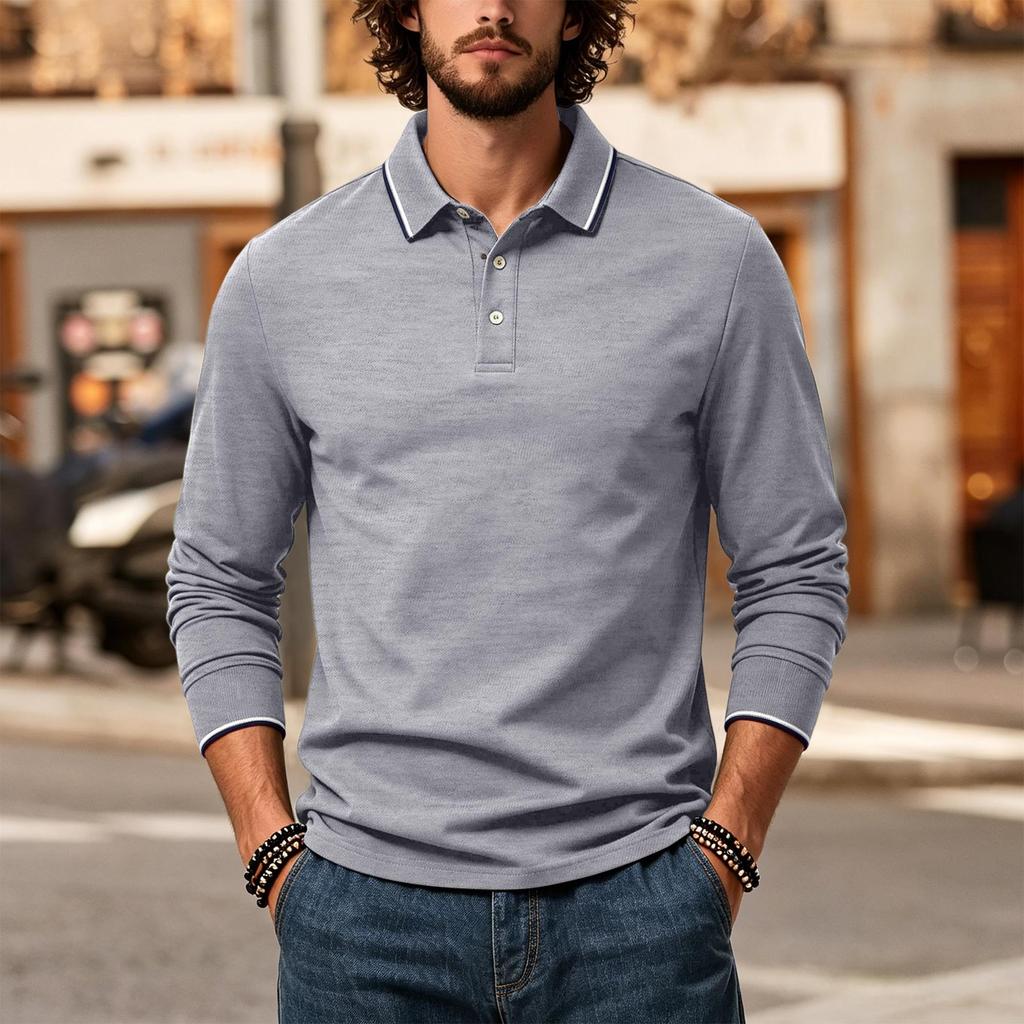 Men's Long Sleeve Polo Shirt Classic Solid Color Button Down Collar Slim Fit Casual Top for Everyday Wear Comfortable Fabric