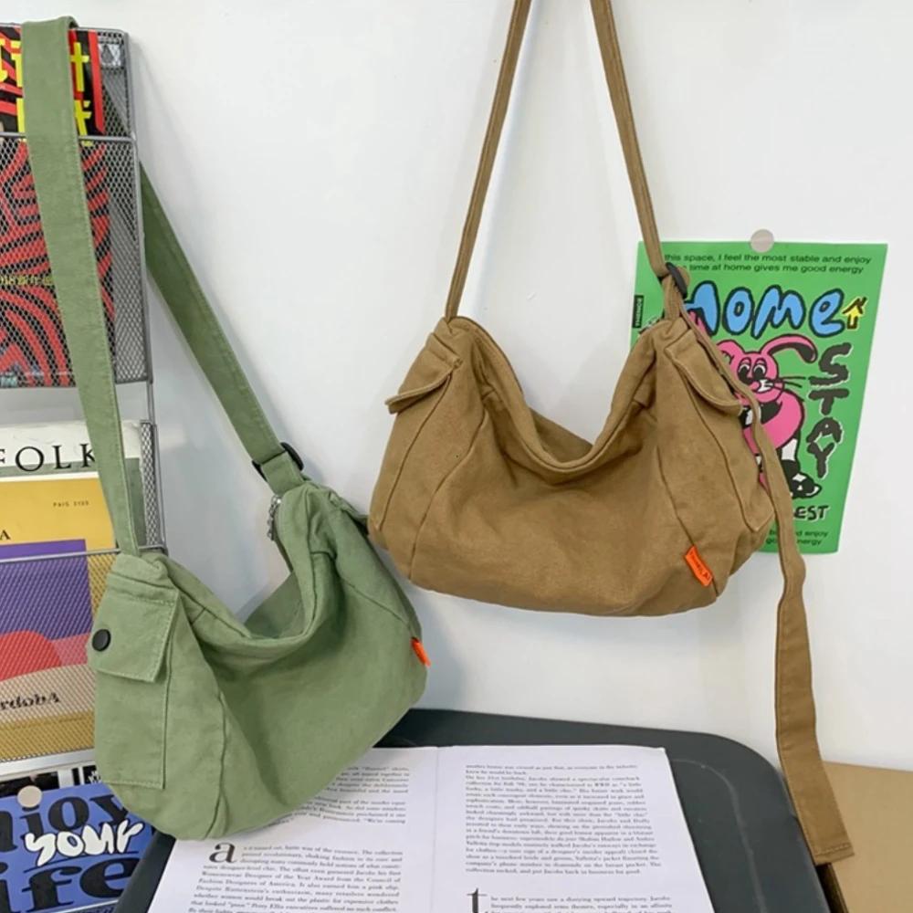 Female Canvas Fabric Hobo Soft Slouchy Shoulder Bag Y2K Student Leisure Medium Size School Book Laptop Pouch Messenger Side Bag