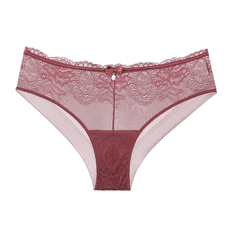 Ropa interior de encaje estilo europeo y americano con entrepierna de algodón ahuecada transpirable de talle medio para mujer