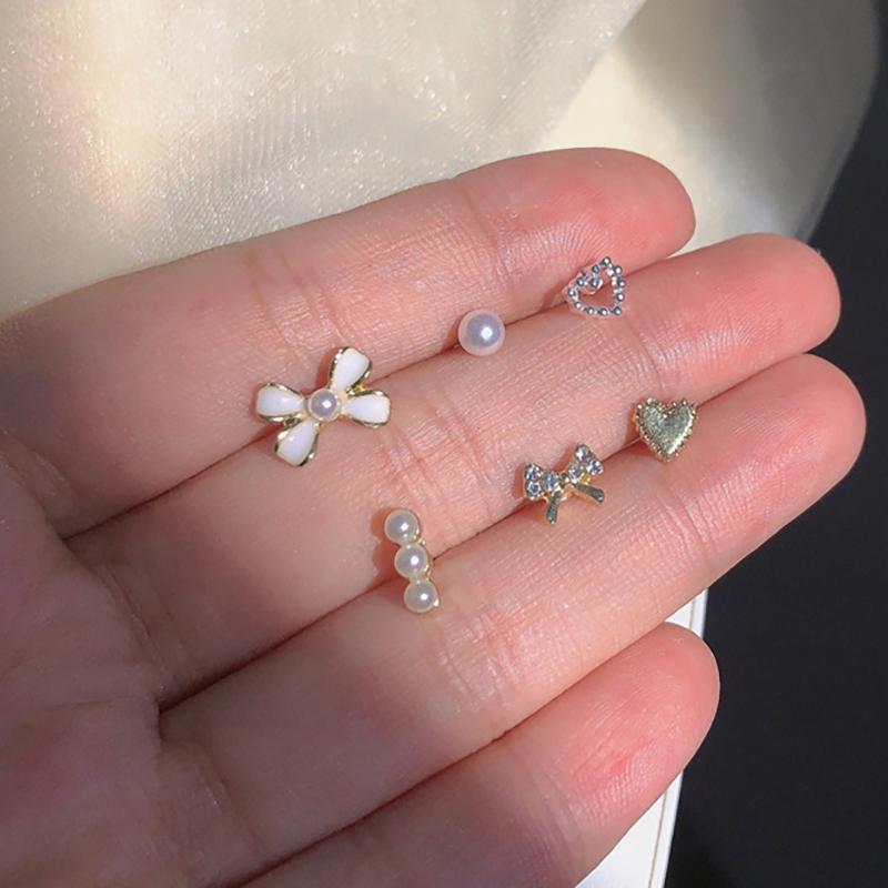 6Pair/Set Design Sense Mini Pearl Butterfly Diamond Earrings Sets Gentle Exquisite Jewelry Earrings Ear Decoration