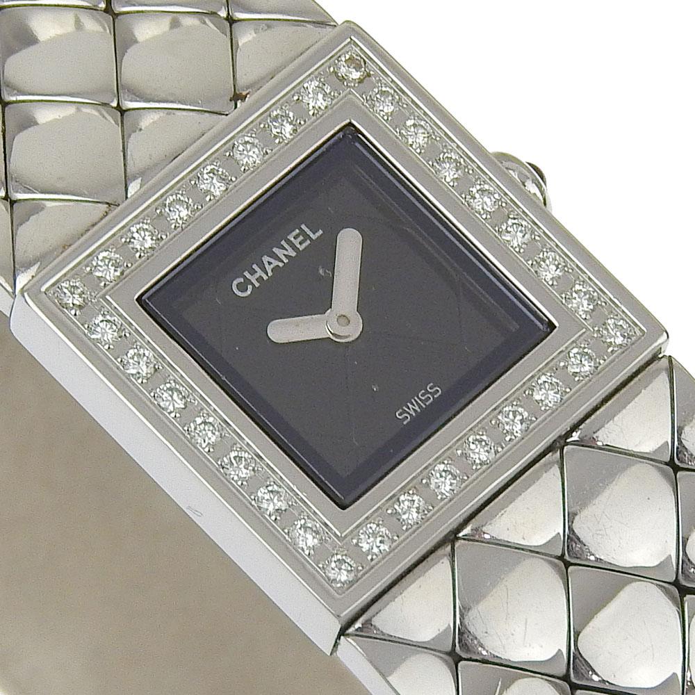 Chanel Matelasse Watches H0489 Diamond Bezel blackDial Stainless Steel Quartz Analog Display Women Used