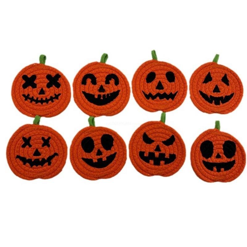 1Pcs Halloween Pumpkin Coaster Orange Pumpkins Absorbent Cup Coasters Woven Pumpkin Drink Cup Pad Mats Heat Resistant Drink