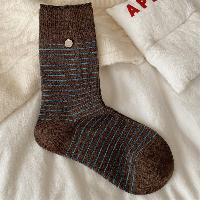 Wool Socks, Resin Buckle Striped Pile Socks, Women's Mid-calf Socks, Thickened for Warmth in Autumn and Winter