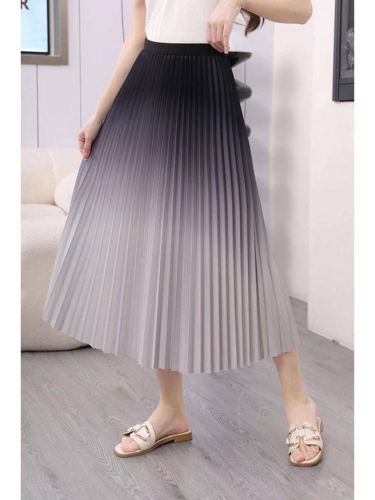 Women's Gradient Pleated Midi Skirt: Classic A-Line Slimming Design for Spring & Summer