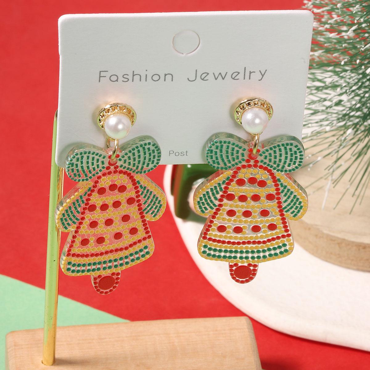 

Европейские и американские рождественские креативные мультяшные акриловые принты, милые и свежие, красочные серьги-подвески с имитацией жемчуга в виде колокольчиков, нишевые для девушек