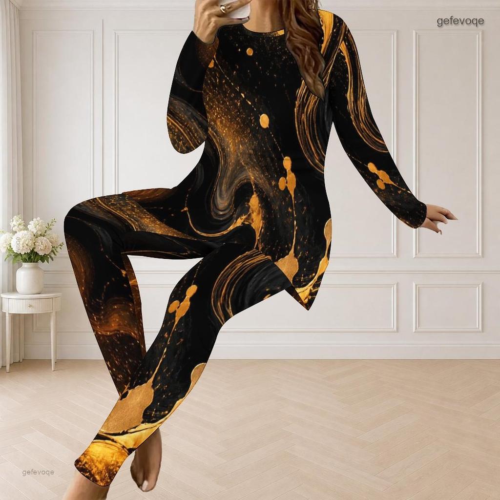 Women Plus Size Round Neck Long Sleeve Printed Longline Top Fitted Pants Two Piece Set