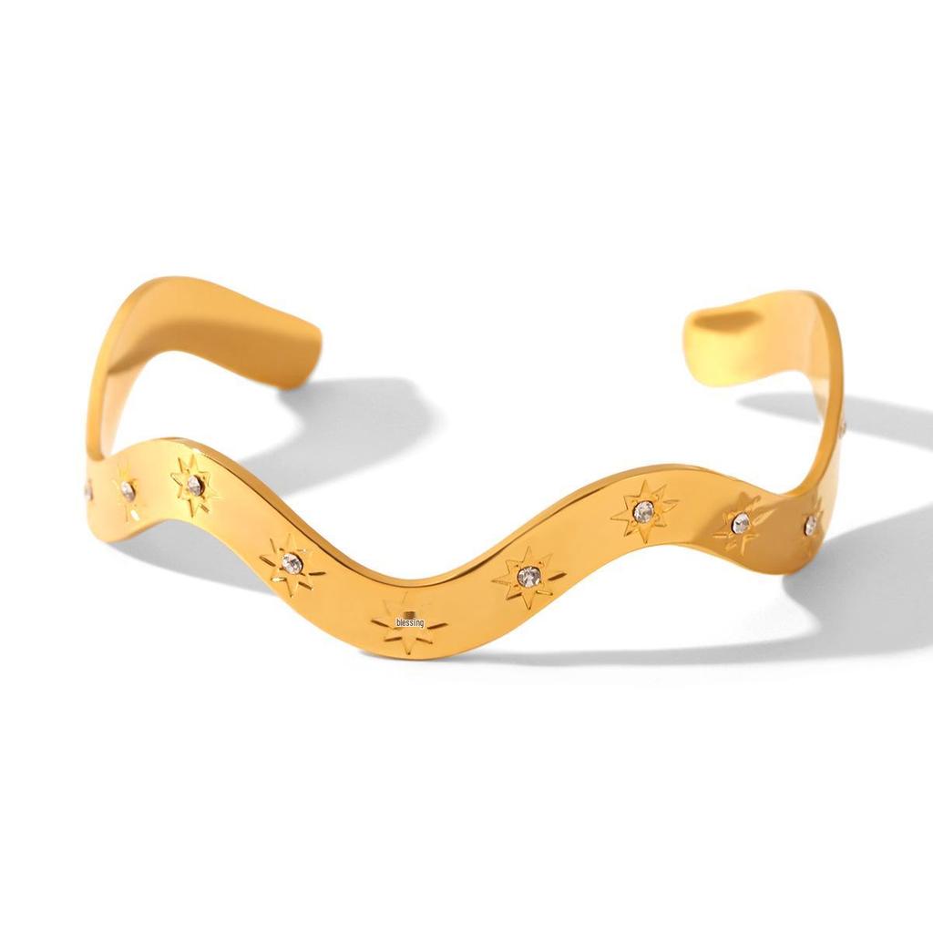 Evropský a americký vlnovitý náramek s diamantovým inkrustem, otevřený design, luxusní špičkové šperky z nerezové oceli a titanu.