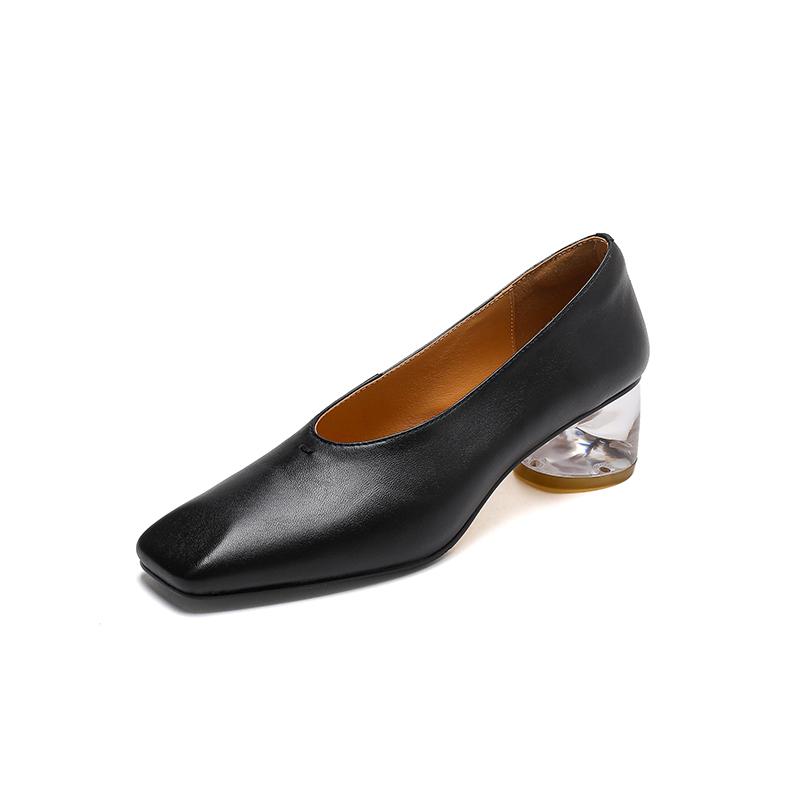 Fashion 2025 Women Genuine Leather Pumps Transparent Heel High Heels Spring Summer Elegant Office Pumps Square Toe Classic Casual Shoes