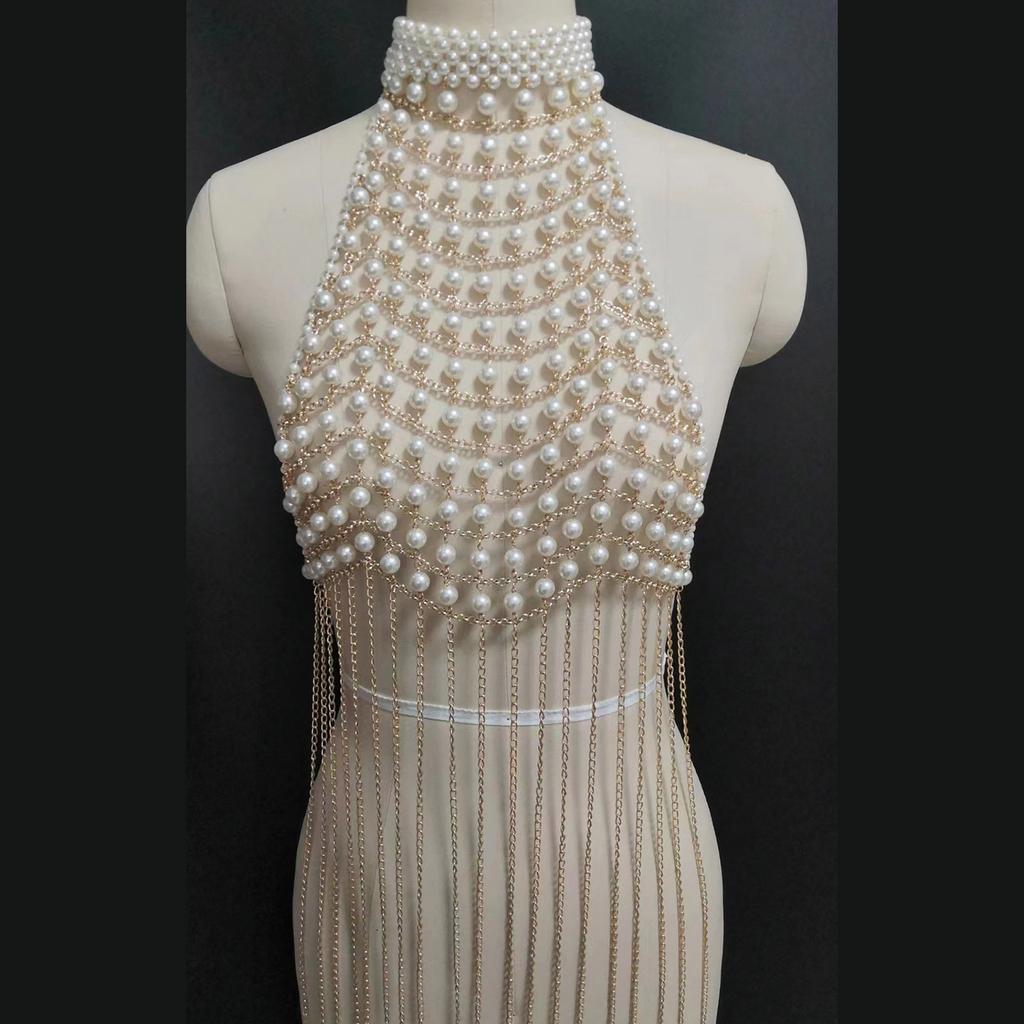 Adjustable Length Elegant Pearls Body Chain Sensual Chest Jewelry Accessory Portable for Beach and Evening Wear