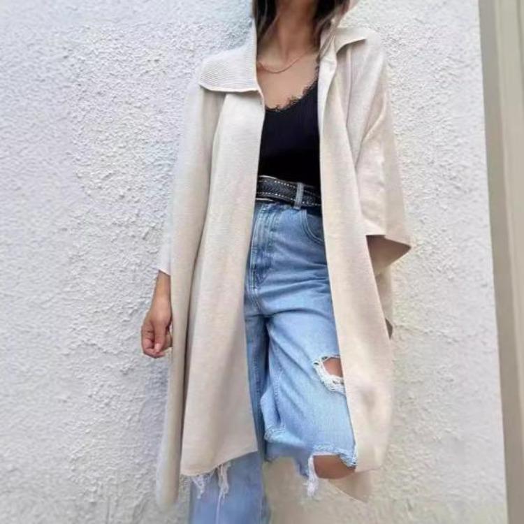 Women Cape Jacket Cardigan Fall Spring Coat Dolman Sleeve Turn Down Collar Loose Open Stitch Irregular Hem Solid Color Dating Commuting Poncho