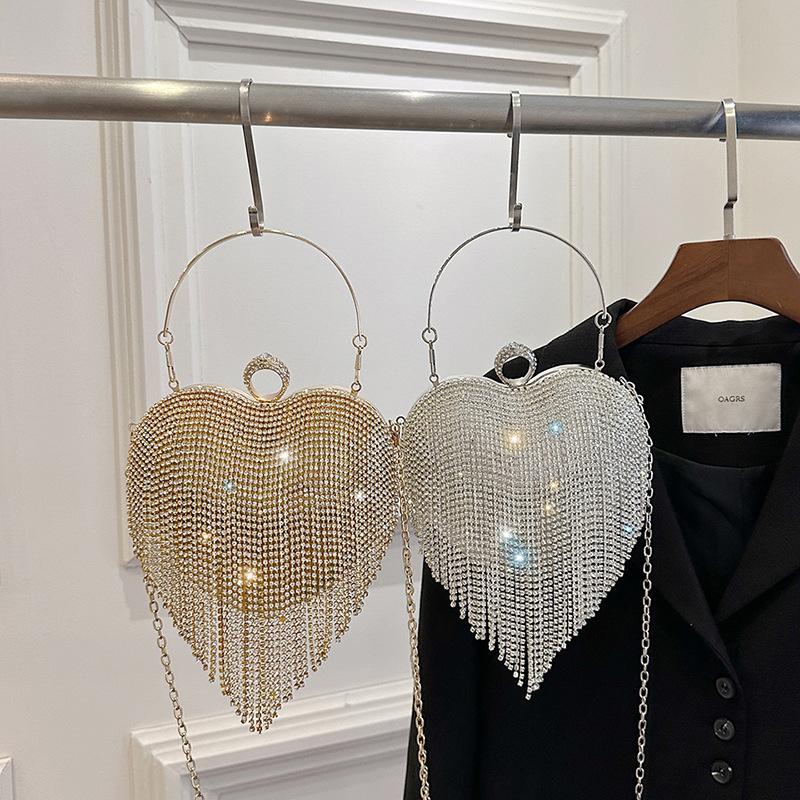 Street tassel women's bag box bag new fashion diamondencrusted peach heart bag texture chain shoulder messenger bag
