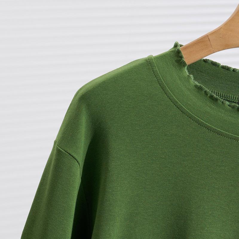 Women's Crew Neck Long Sleeve T-shirt Loose Fit Plus Size Korean Casual Ruffle Hem Solid Color Cotton Basic Layering Top
