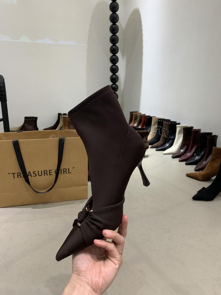 2025 Autumn and Winter New Simple Retro Satin Pointed High-heeled Short Boots Women's Thin-heeled Elastic Boots Thin Boots