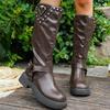 2025 Winter Fashion Women's Knight Boots British Style Platform Knee High Boots Woman Rivet Decor PU Leather Motorcycle Booties