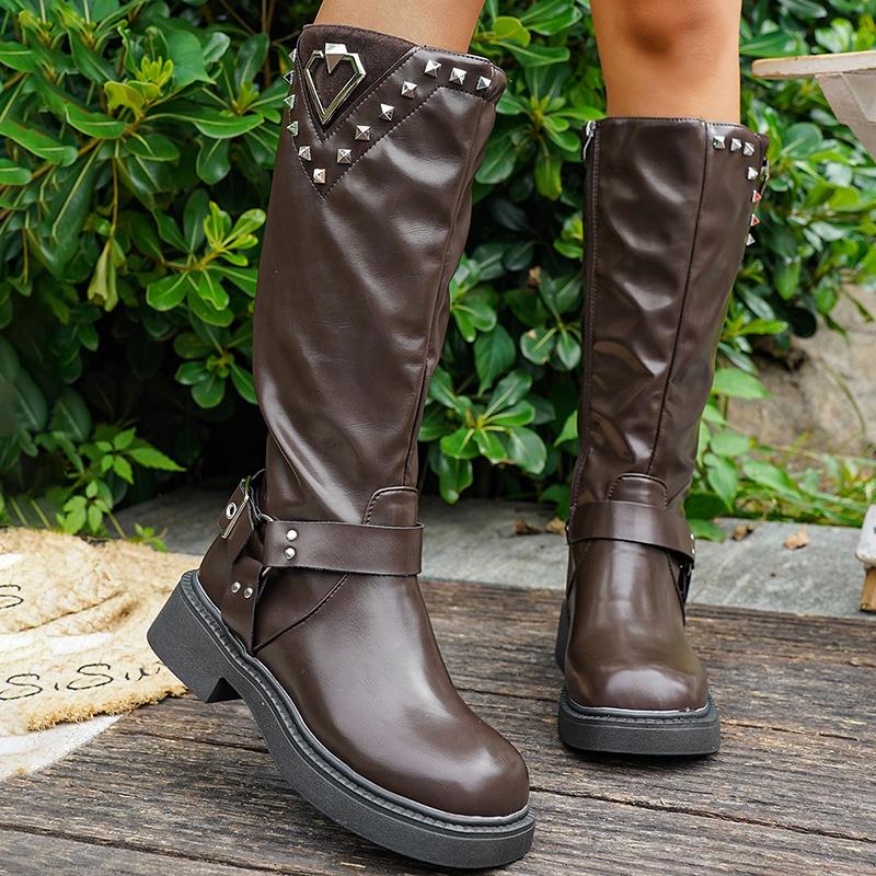 Fashion 2025 Winter Fashion Women's Knight Boots British Style Platform Knee High Boots Woman Rivet Decor PU Leather Motorcycle Booties