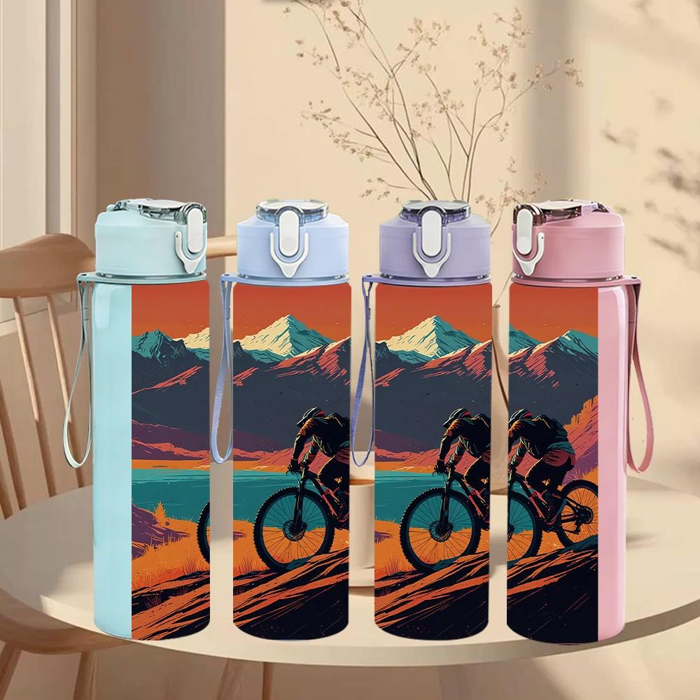 1PC Mountain Biking Cycling Scenery Print 750ml Color Plastic Sports Water Bottle Leakproof Flip Straw Lid Suitable for Sports Office Home Use