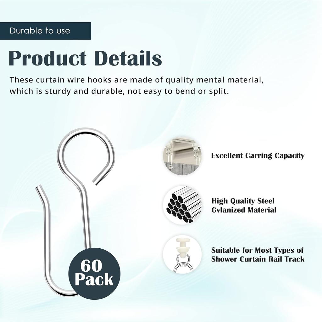 Urbanred Iron Curtain Track Hooks, S-Shape, Set of 60, Heavy-Duty Metal Ceiling Curtain Track Hooks for Track Systems, Rust-Resistant Curtain Hooks