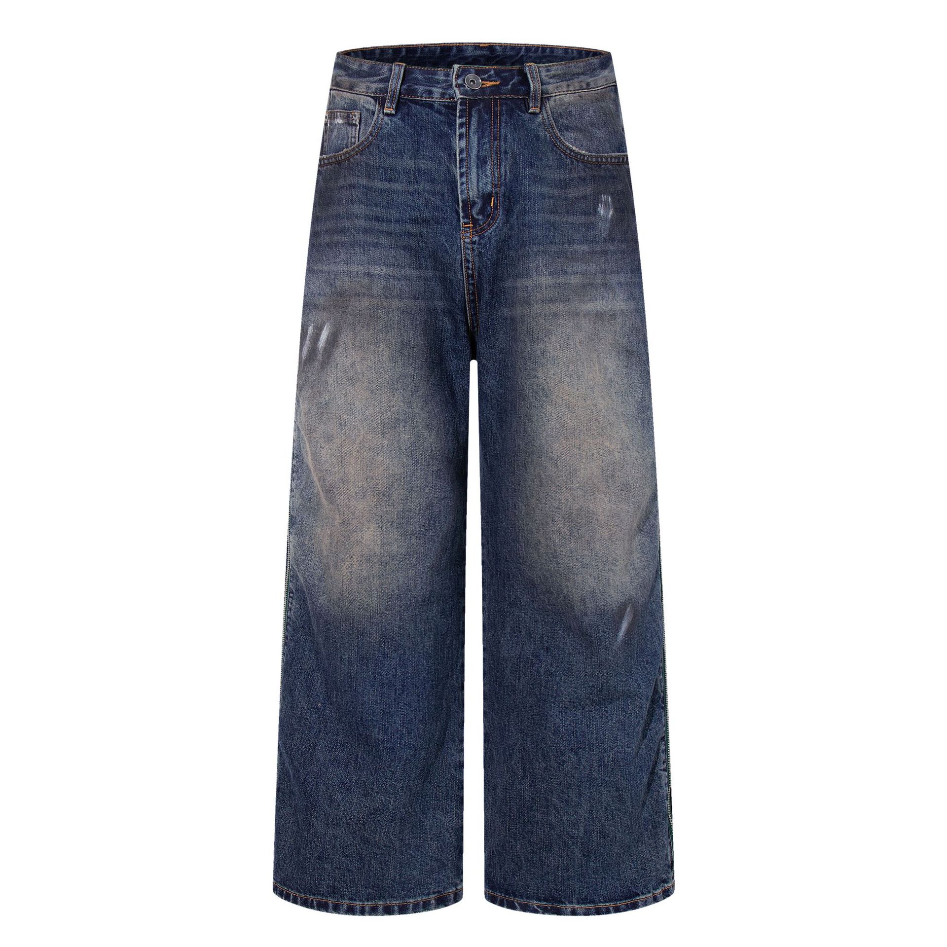 Men s American Street RO Wind Heavy Washed Zipper Jeans Loose Wide Leg Pants S