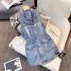 Damska Kamizelka Plus Size Bez Rękawów Wiązana w Pasie Modna Wyszczuplająca Długa Kurtka Jeansowa w Stylu Retro Casual