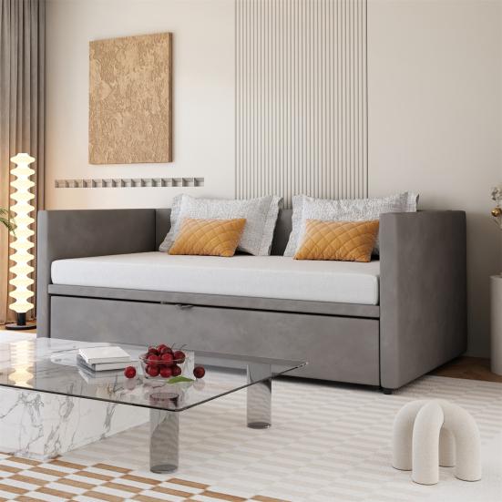 Upholstered Bed Extendable Sofa Bed 90/180x200cm with Slatted Frame, Multifunctional Bed Made of Skin-Friendly Velvet Fabric